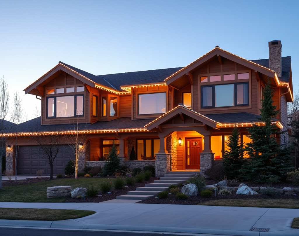 A Louisville, CO home decorated with warm white Christmas string lights along the roofline at dusk